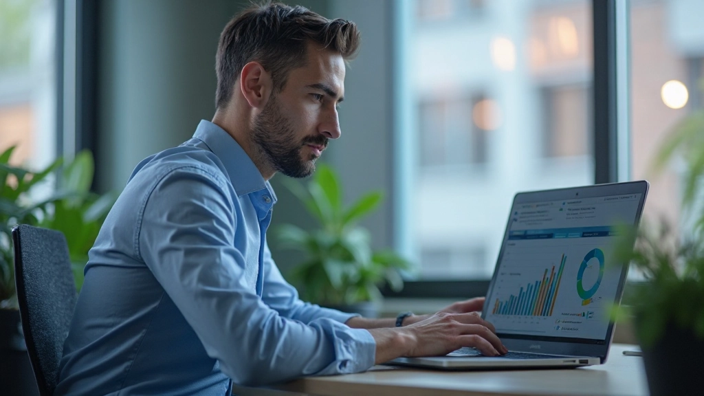 Профессиональный аналитик работает с данными SEO и графиками на компьютере в современном офисе