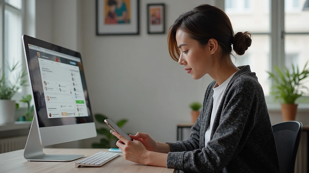 Специалист по социальным сетям создаёт контент для Instagram и TikTok на мобильном телефоне в офисе